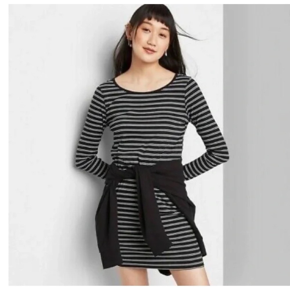 Wild Fable Black White Stripe Long Sleeve Scoop Neck Mini Dress M